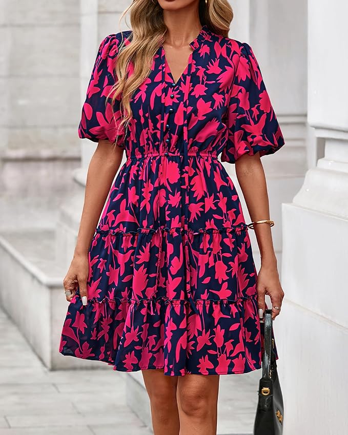 BTFBM Women Summer Floral Short Dresses V Neck Short Sleeve Tiered Ruffle Boho Swing Dress A-Line Mini Dresses