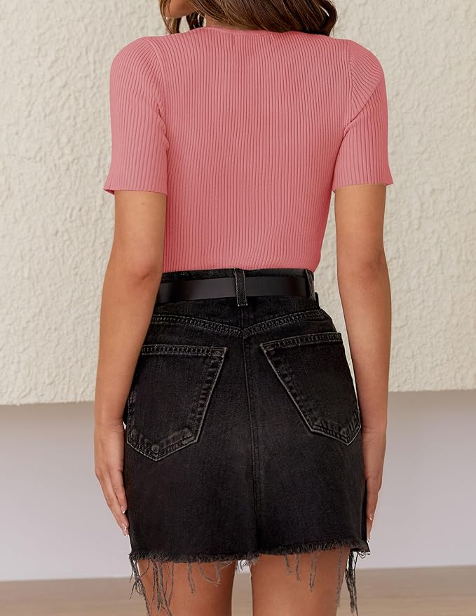 ZESICA Women's Short Sleeve Sweater Tops 2026 Summer Crewneck T Shirt Ribbed Knit Slim Fit Basic Solid Color Tee