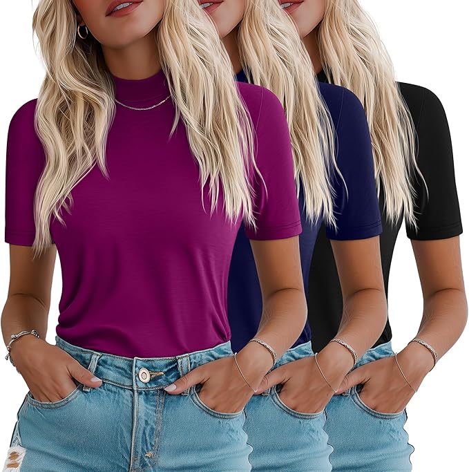 Ficerd 3 Pack Women's 1/2 Sleeve Mock Turtleneck Shirts, Elbow Length Shirt Half Sleeve Tunic Top Casual Summer Basic Tees