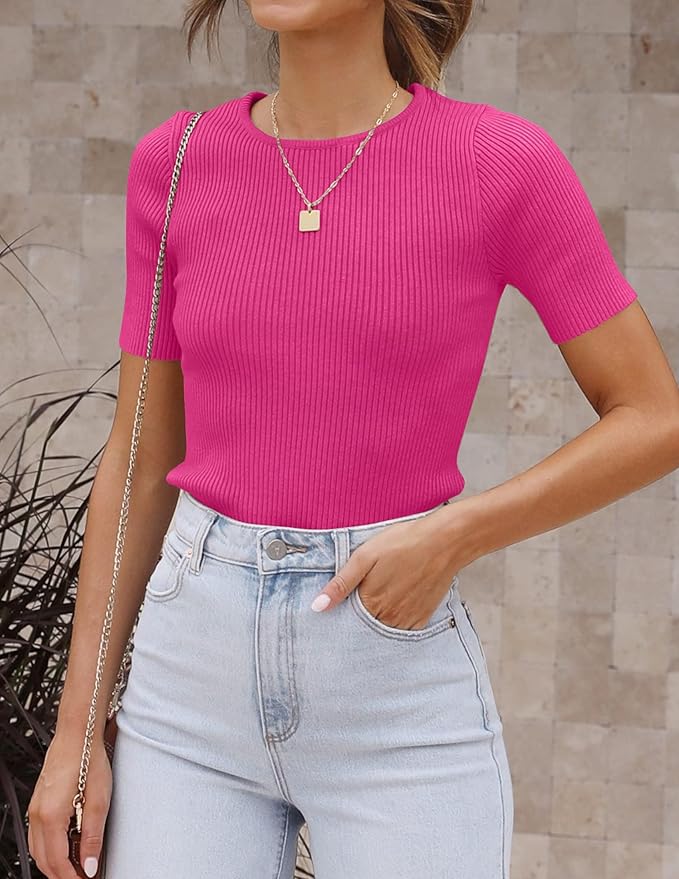 ZESICA Women's Short Sleeve Sweater Tops 2026 Summer Crewneck T Shirt Ribbed Knit Slim Fit Basic Solid Color Tee