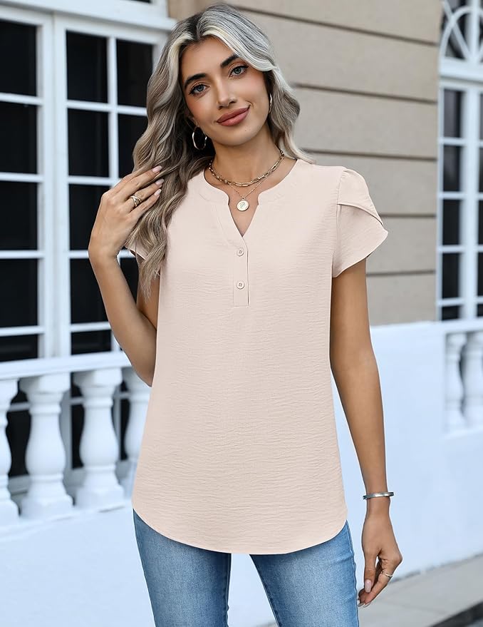 Zeagoo Womens Tops Dressy Casual Textured Blouses Cap Short Sleeve Shirts V Neck Button Up Summer Spring Work Tshirt Clothes