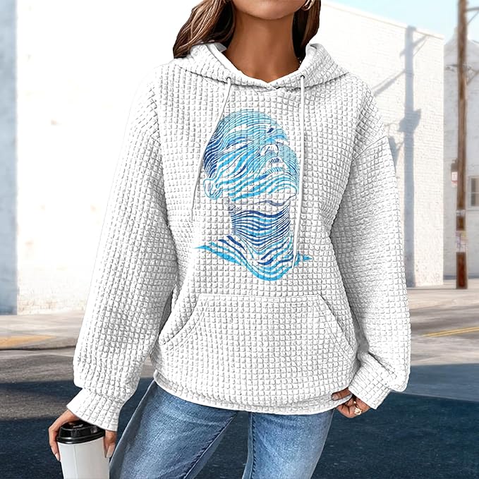 domirica Pullover Sweatshirts For Women Drawstring Long Sleeve Waffle Sweatshirt With Pocket Vintage Street Wear Qutfits
