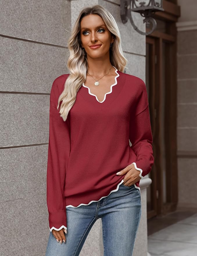 Zeagoo Women's 2026 Fall V Neck Sweater Casual Long Sleeve Lightweight Ribbed Knit Pullover Sweaters Dressy Casual Tops