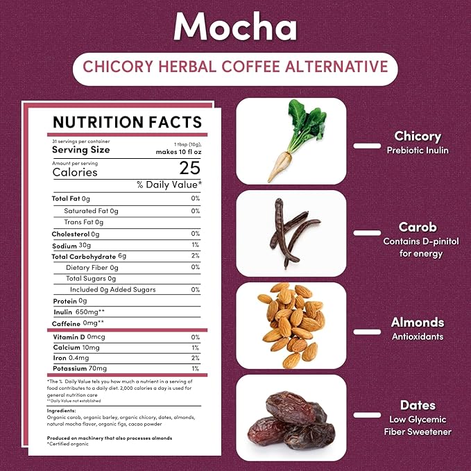 Teeccino Mocha Chicory Coffee Alternative - Ground Herbal Coffee That’s Prebiotic, Caffeine-Free & Acid Free, Medium Roast, 11 Ounce (Pack of 6)