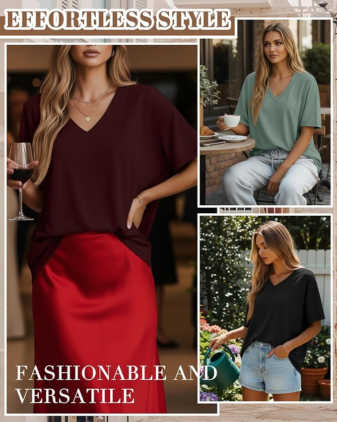 Huukeay Women's Cotton Oversized T Shirts 3 Pack V Neck Loose Fit Half Sleeve Tops Baggy Casual Summer Gym Workout Tees 2026