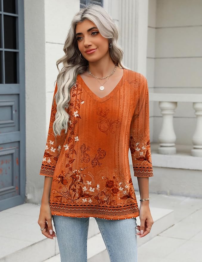 Zeagoo 3/4 Length Sleeve Womens Tops Casual V Neck Shirts Soft Basic Tees Business Work Blouses