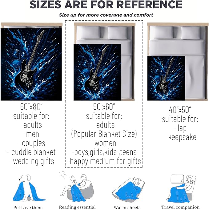 Oertud Guitar Gifts, Electric Guitar Theme Flannel Blanket for Women, Rock Music Birthday Throw Blankets for Kids, Girls, Travel Camping Sofa Living Room Decor 40x50 in