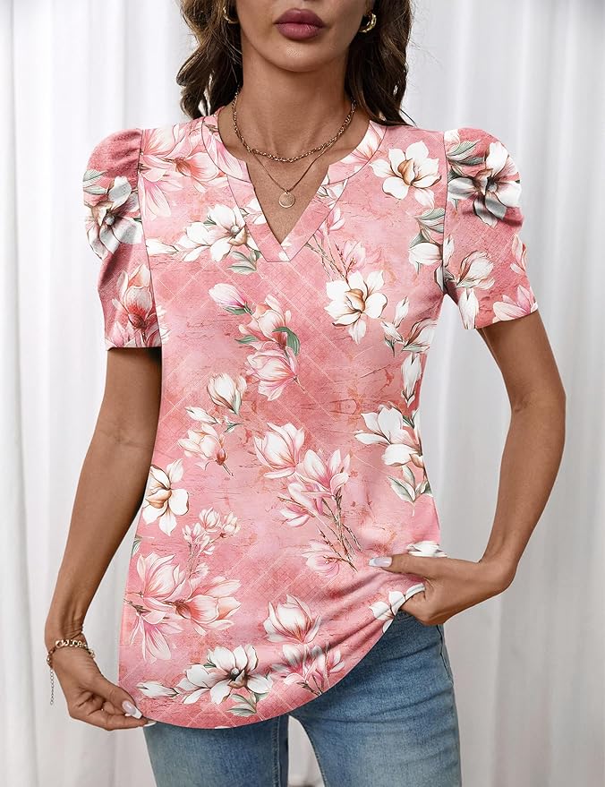 Lomon Spring Summer Tops for Women 2026 V Neck Puff Short Sleeve Tops Fashion Trendy Work Blouses Dressy Casual S-XXL