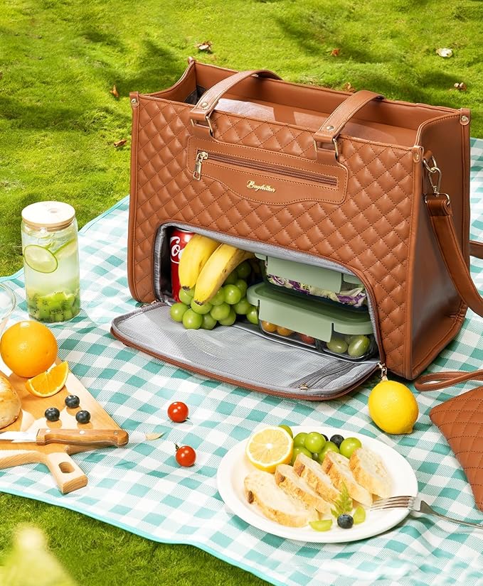 Lunch Tote Bag for Women, 15.6 Inch Laptop Work Bag with Insulated Lunch Box Compartment & Purse Large Capacity Quilted Computer Handbag for Office Business Work Nurse Teacher Travel Casual