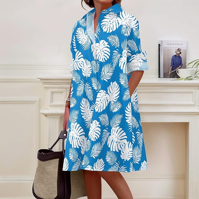 Shirt Dresses for Women 2025 Summer Long Sleeve Casual Plus Size Floral Printed Beach Vacation Dress with Pockets