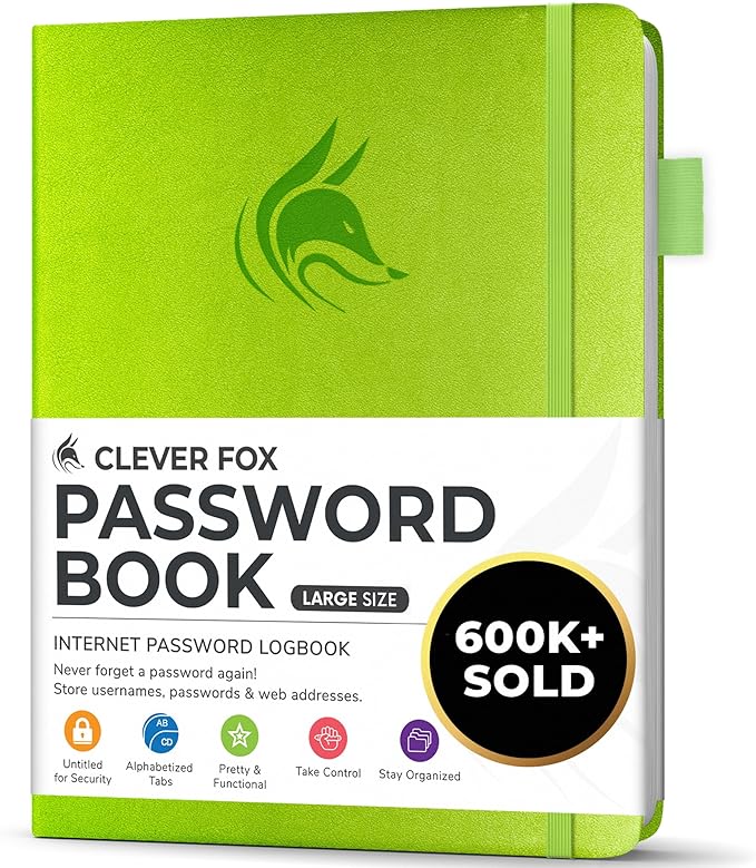Clever Fox Password Book with alphabetical tabs. Internet Address Organizer Logbook. Large Password Keeper for Website Logins (Green)