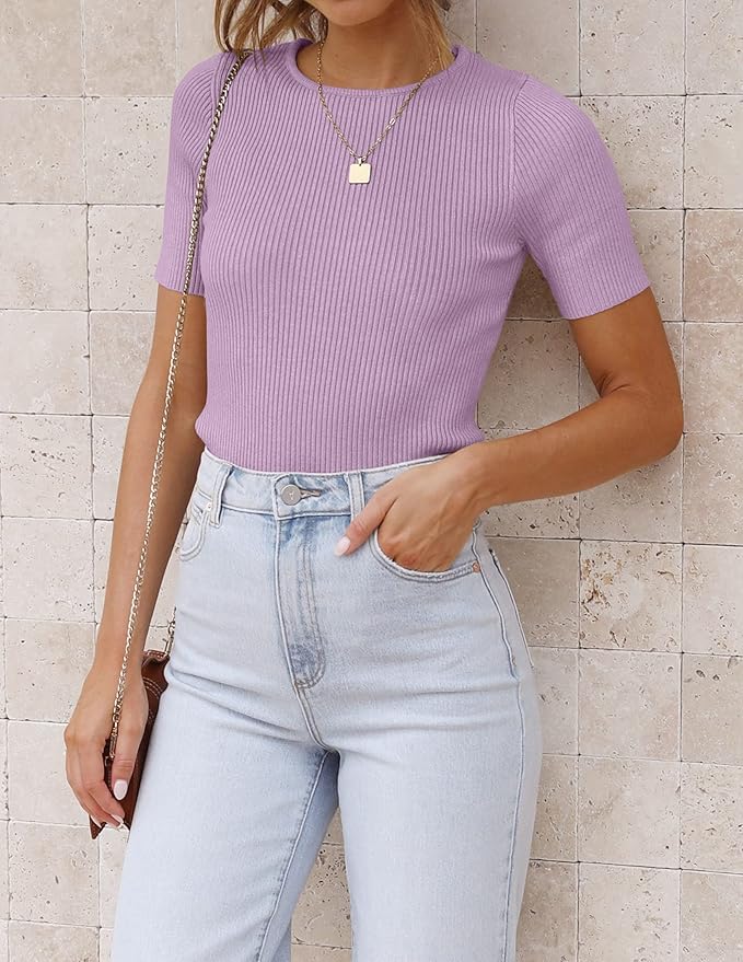 ZESICA Women's Short Sleeve Sweater Tops 2026 Summer Crewneck T Shirt Ribbed Knit Slim Fit Basic Solid Color Tee