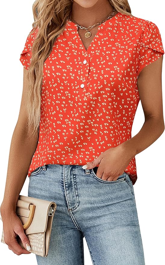 Blooming Jelly Women's Dressy Casual Tops Business Work Blouses White Button Down Shirts Cap Sleeve V Neck Tshirt