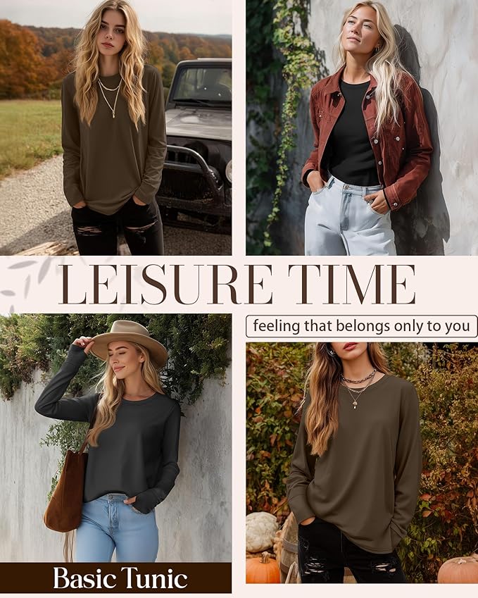 Huukeay 3 Pack Women's Long Sleeve Shirts with Thumb Holes, Cotton Casual Crew Neck Tunic Tops Fall Loose Y2k Trendy Outfits