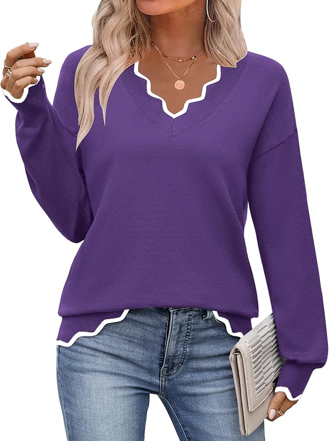 Zeagoo Women's 2026 Fall V Neck Sweater Casual Long Sleeve Lightweight Ribbed Knit Pullover Sweaters Dressy Casual Tops