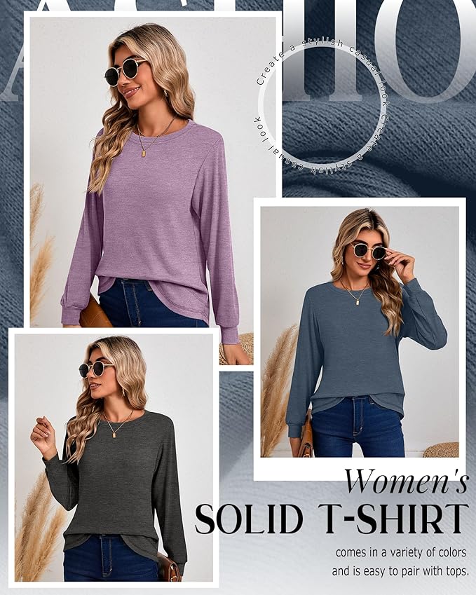 Ficerd 3 Pack Women's Long Sleeve Shirts, Cotton Crew Neck Tunic Tops Casual Loose Fit Pullover Sweatshirts Curved Hem Shirts