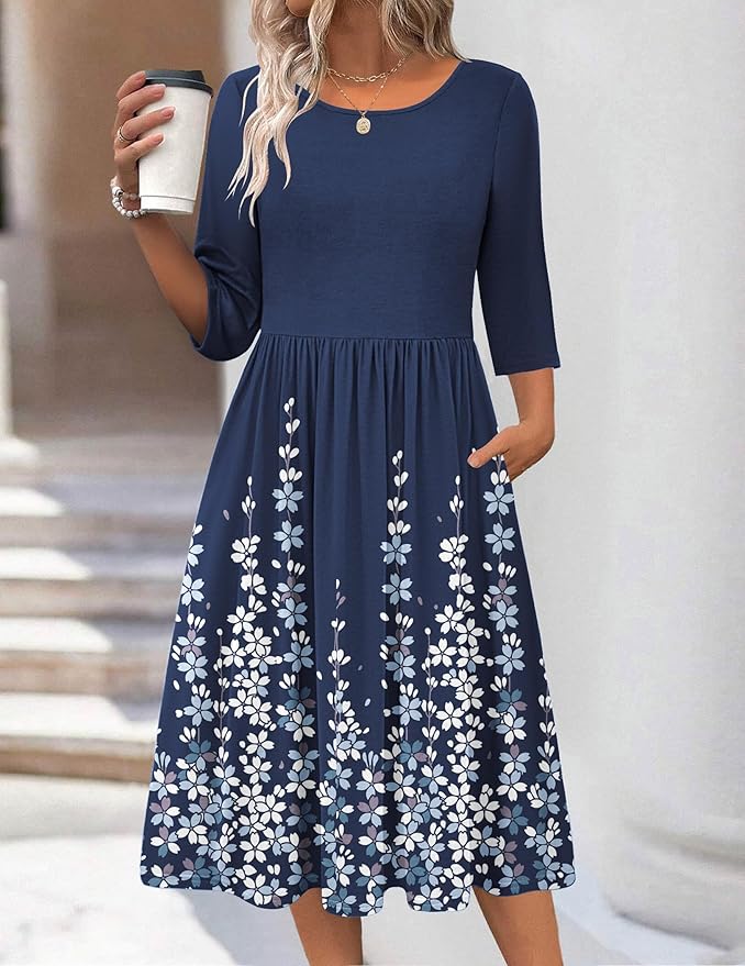 Zeagoo 3/4 Sleeve Women's Dress Casual Flowy A-Line Midi Tshirt Dresses with Pockets Crewneck Vocation Boho Beach Sundress