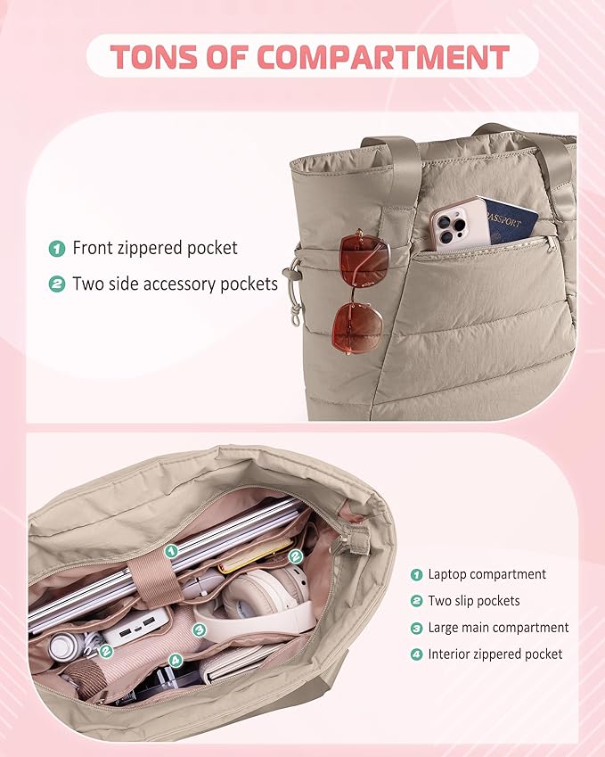 Puffer Tote Bag for Women, Lightweight Tote Bag for Work and School, Khaki