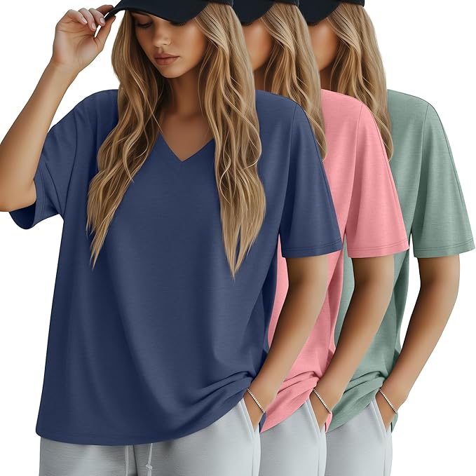 Huukeay Women's Cotton Oversized T Shirts 3 Pack V Neck Loose Fit Half Sleeve Tops Baggy Casual Summer Gym Workout Tees 2026