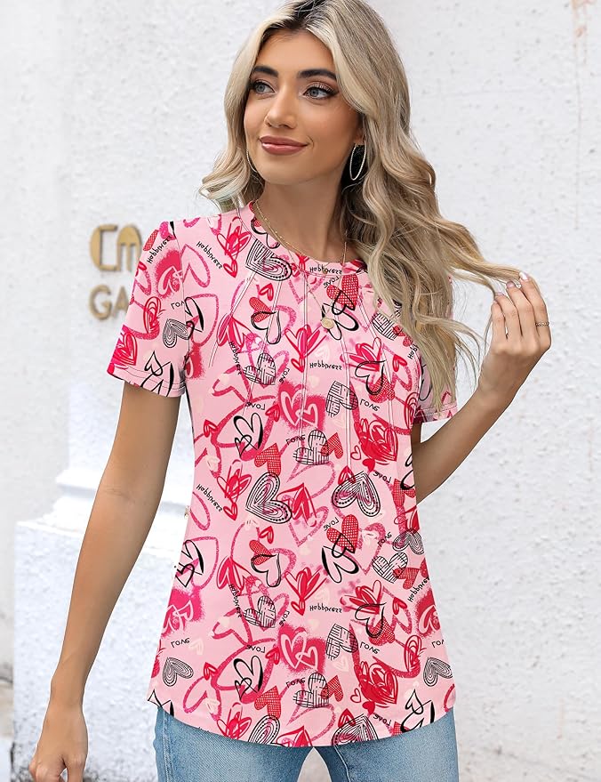 Kistore Womens Casual Crew Neck Short Sleeve Pleated Tops Blouses Fashion Clothes 2026