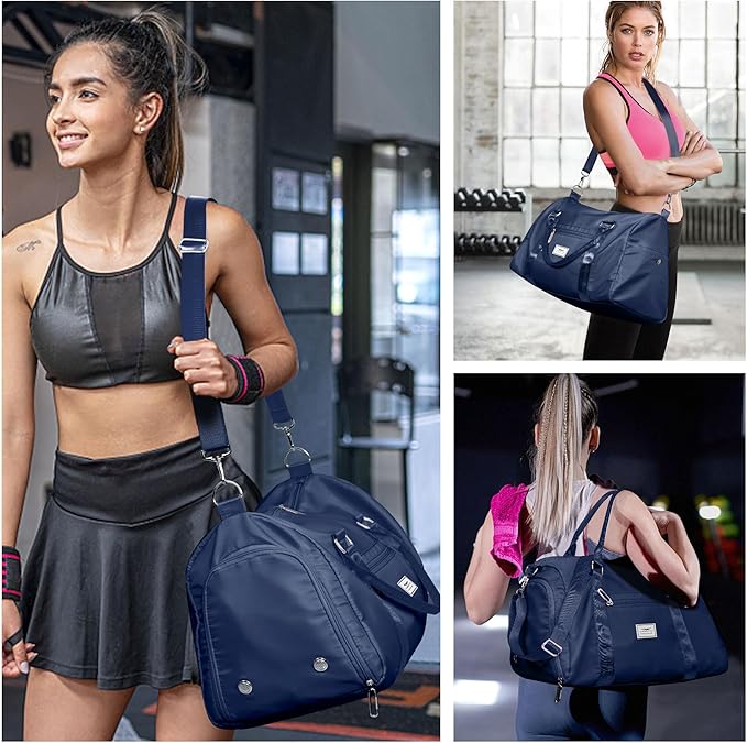 FIORETTO Womens Gym Tote Duffle Bag with Toiletry Bag, Sports Duffel Overnight Hospital Workout Carry on Bag for Girls with Wet Pocket & Shoe Compartment, Ideal for Travel, Swimming, Dance Navy Blue