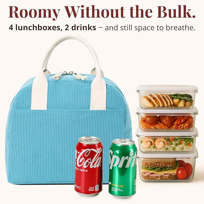 Insulated Lunch Bag for Women Men, Stylish Corduroy Tote Bag with Aluminum Lining, Large Capacity Reusable Cooler for Work, Travel, or Beach, Lake Blue Lunch Box