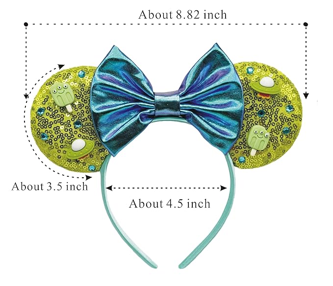 WW-WONDERFULWORLD Alien Theme Mouse Ears Headband - Green Sequin Ears with Sparkling Purple Bow & Blue Rhinestones, Kawaii Cosmic Hair Accessory for Theme Park, Cosplay, Rave Festival