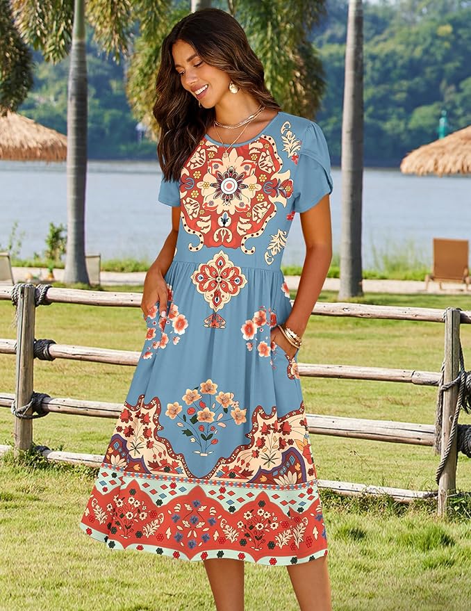 HOTOUCH Women's Summer A-Line Midi Dresses 2026 Casual Floral Short Sleeve T-Shirt Dress Flowy Beach Sundress with Pockets