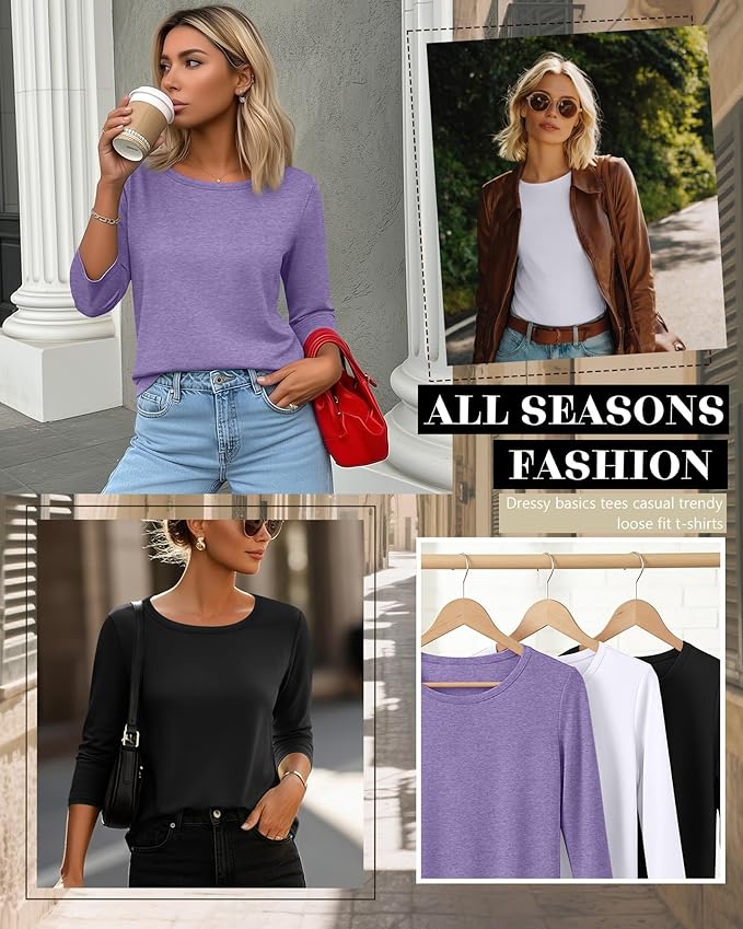 Ficerd 3 Pack 3/4 Sleeve Tops for Women Round Neck Dressy Basics Tees Casual Trendy Loose Fit T Shirts