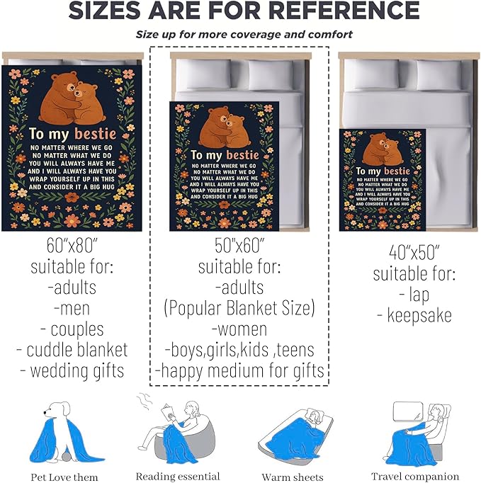 Friendship Gifts, Best Friend Birthday Bear Theme Flannel Blanket for Women, Wife, to My Bestie Throw Blankets for Friends, Sisters, Kids, Travel Camping Sofa Living Room Decor 60x80 in
