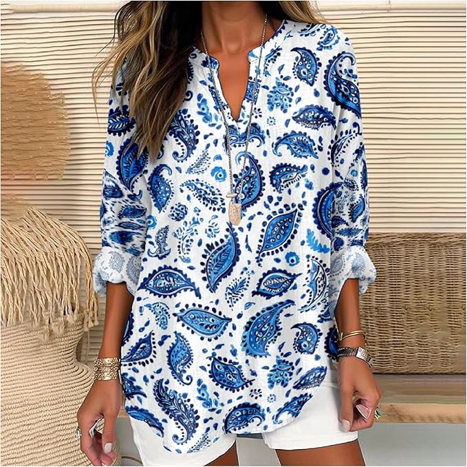 MARSVOVO V Neck Shirt For Women Boho Multi Style Blouse Long Sleeve Novelty Graphic Plus Size Pullover Tops For Women