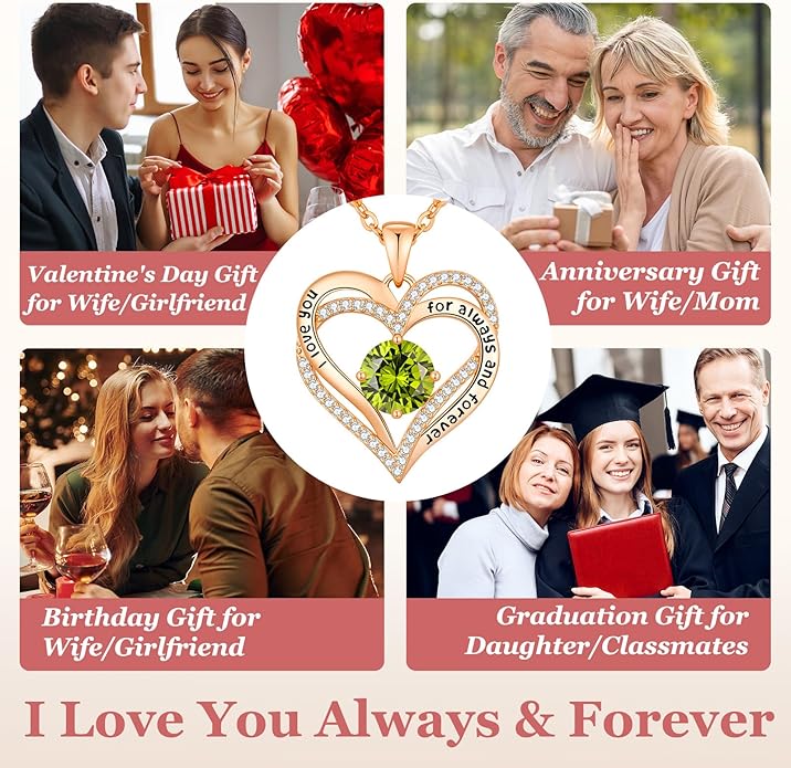 CDE Valentine's Day Gift Forever Love Heart Necklaces for Women, Wedding Anniversary, Birthday Mothers Christmas Day Gifts for Mom, Mother, Wife, S925 Silver Jewelry with Birthstone Pendant