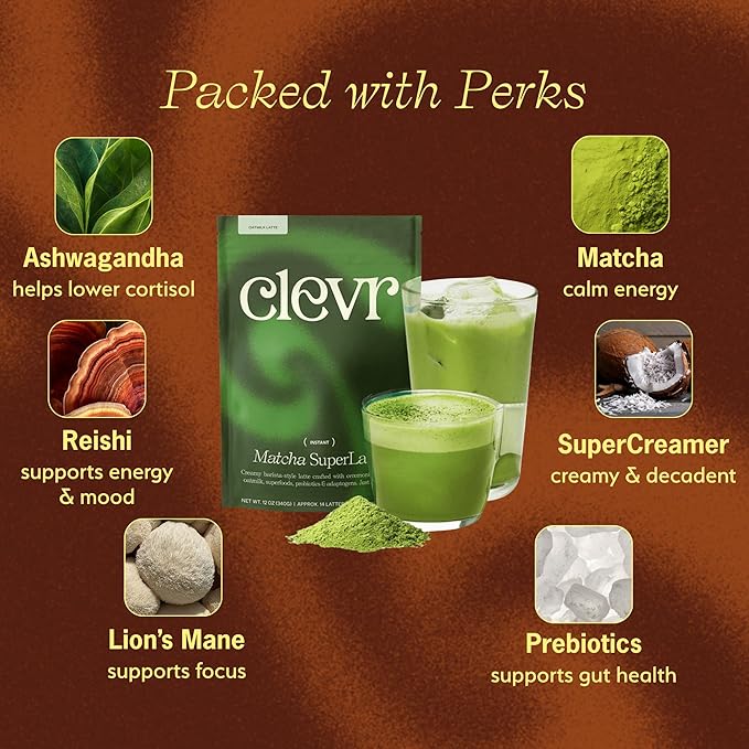 Clevr Matcha SuperLatte, Instant Ceremonial Grade, Superfood Powder Blend with Oat Milk, Lions Mane, Reishi Mushroom, Coconut Cream, Ashwagandha, Serve Hot or Iced, (14 Lattes)