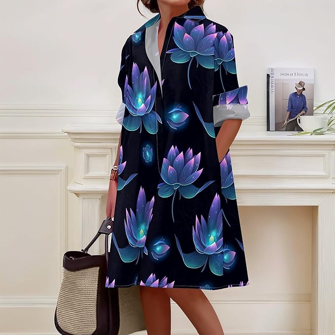 Shirt Dresses for Women 2025 Summer Long Sleeve Casual Plus Size Floral Printed Beach Vacation Dress with Pockets
