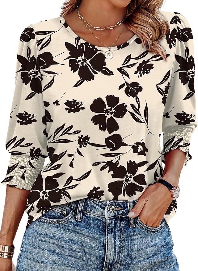 XIEERDUO Blouses for Women Dressy Casual 3/4 Length Sleeve Womens Tops with Smocked Cuffs