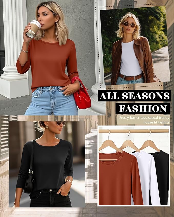 Ficerd 3 Pack 3/4 Sleeve Tops for Women Round Neck Dressy Basics Tees Casual Trendy Loose Fit T Shirts