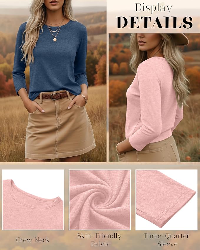 Ficerd 3 Pack 3/4 Sleeve Tops for Women Round Neck Dressy Basics Tees Casual Trendy Loose Fit T Shirts