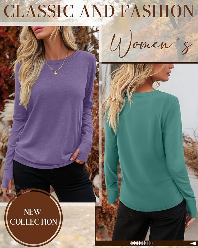 Huukeay 3 Pack Women's Long Sleeve Shirts with Thumb Holes, Cotton Casual Crew Neck Tunic Tops Fall Loose Y2k Trendy Outfits