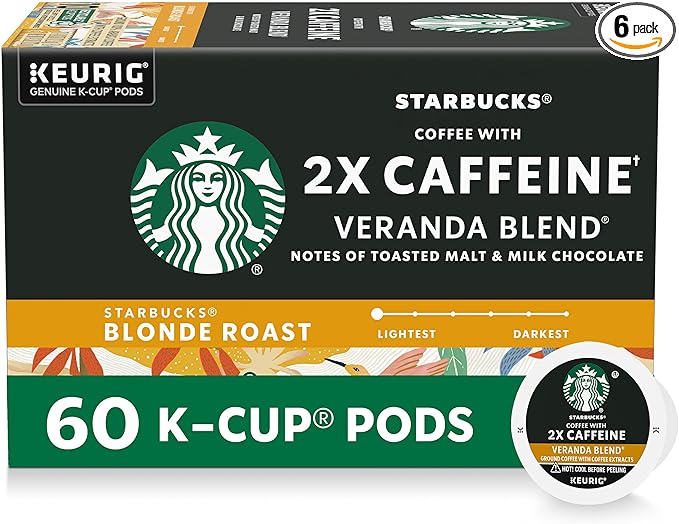 Starbucks K-Cup Coffee Pods, Starbucks Blonde Roast With 2X Caffeine, Hot or Iced Coffee, Veranda Blend, 60 Keurig Pods