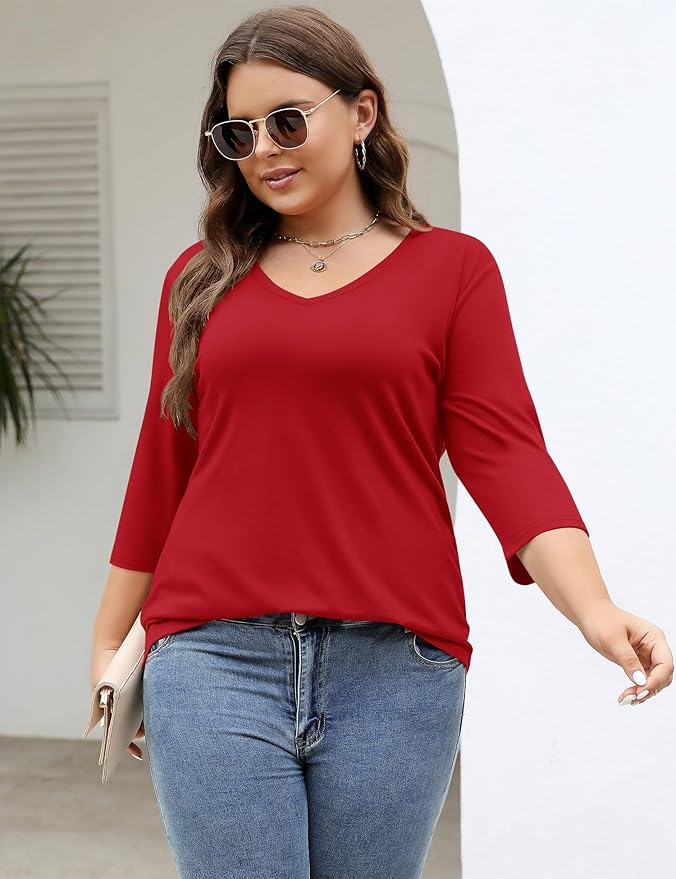 TFSDOD Womens Plus Size Tops V Neck T Shirts 3/4 Sleeve Blouse Summer Casual Tees XL-5X