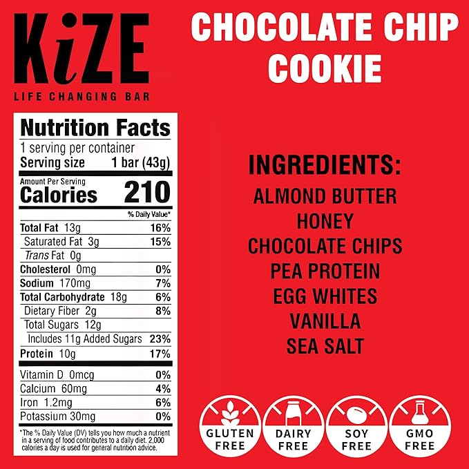KiZE Energy Bars - Chocolate Chip Cookie - 30-Count - Almond-Butter-Based, Gluten Free, Dairy Free, Non-GMO, and High Protein Meal Replacement Energy Bars, Clean and Simple Food Ingredients - 10g High Protein Snacks (30 Count)