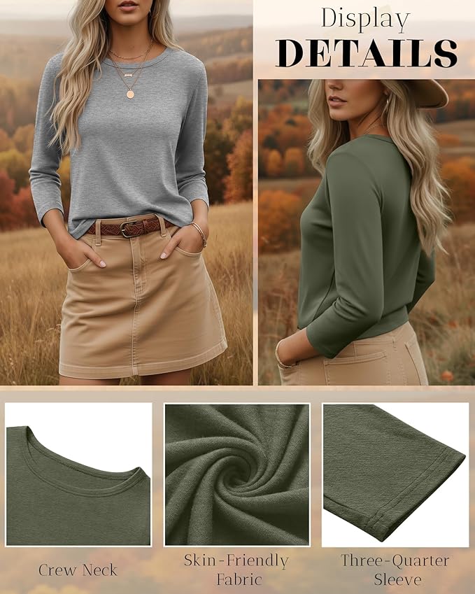 Ficerd 3 Pack 3/4 Sleeve Tops for Women Round Neck Dressy Basics Tees Casual Trendy Loose Fit T Shirts