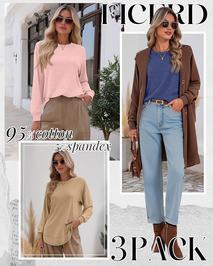 Ficerd 3 Pack Women's Long Sleeve Shirts, Cotton Crew Neck Tunic Tops Casual Loose Fit Pullover Sweatshirts Curved Hem Shirts
