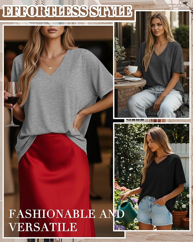 Huukeay Women's Cotton Oversized T Shirts 3 Pack V Neck Loose Fit Half Sleeve Tops Baggy Casual Summer Gym Workout Tees 2026