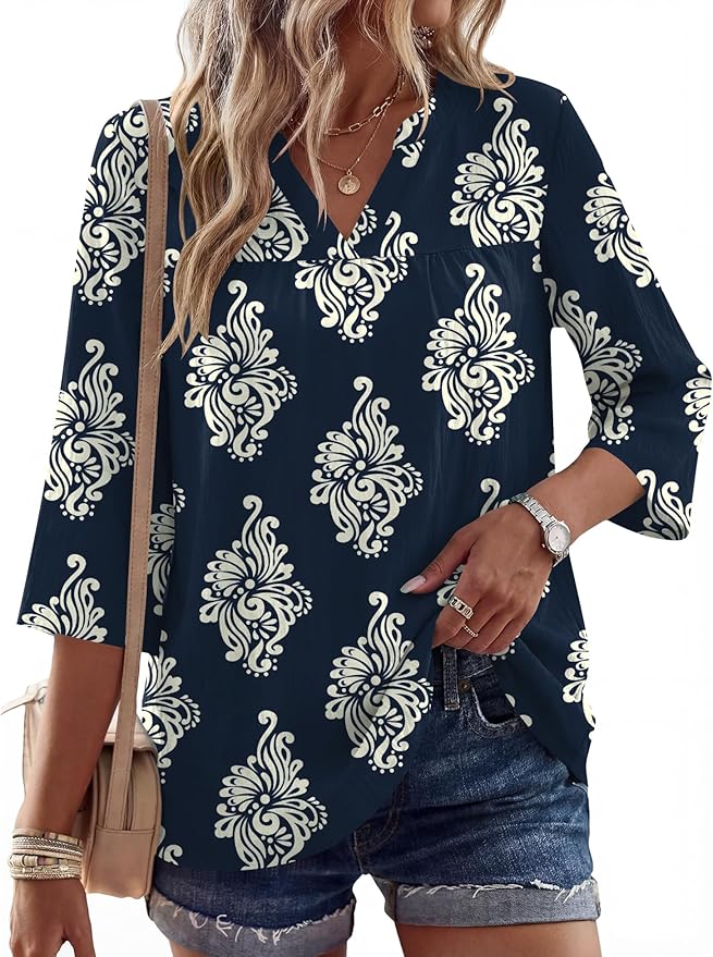 Rapbin Womens 3/4 Sleeve V Neck Floral Print Pleated Blouses for Women Dressy Casual Loose Fit Tops