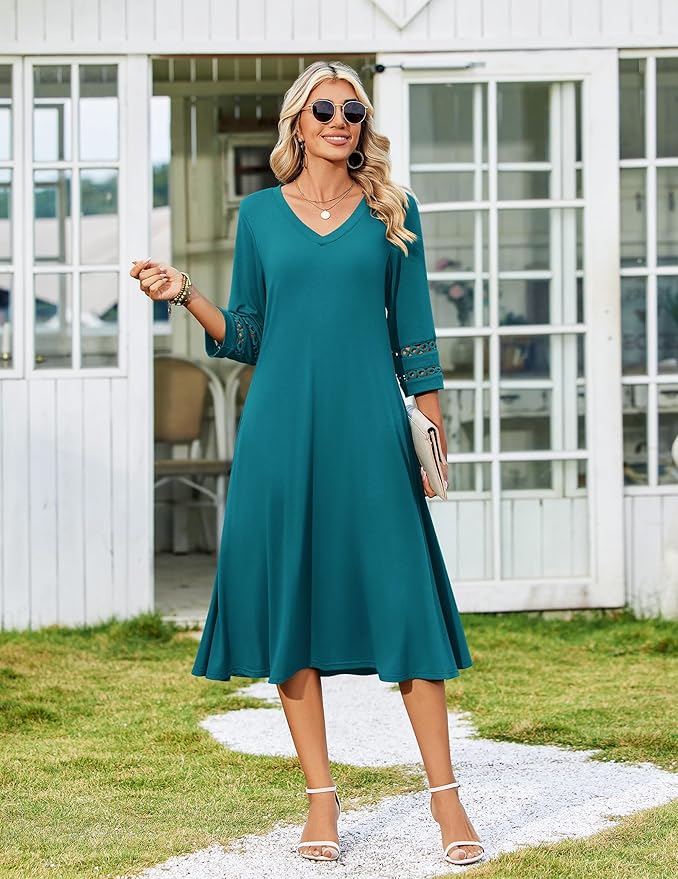 Zeagoo Women's Dresses 3/4 Sleeve Summer Casual V-Neck A Line Flowy Eyelet Midi Dress for Women Beach Vacation Sundress