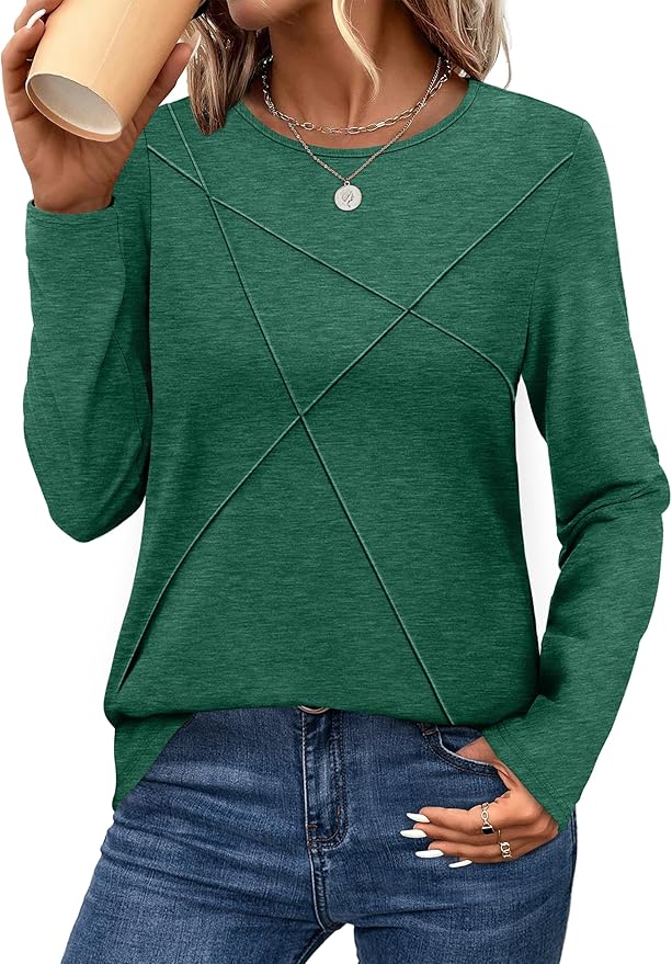 XIEERDUO Long Sleeve Shirts for Women Business Casual Tops Trendy Crewneck Fall T Shirts Pleated Loose Fit