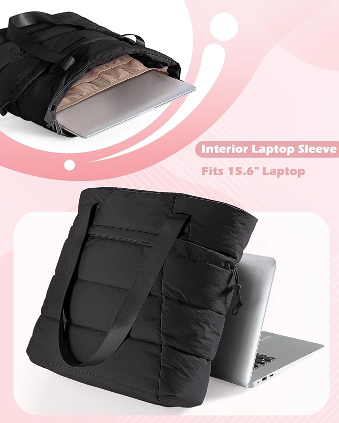 Puffer Tote Bag for Women, Lightweight Tote Bag for Work and School, Black