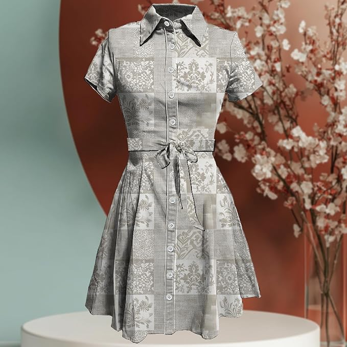 MARSVOVO Vintage Retro Shirt Dress for Women Short Sleeve Button Down Tie Waist Elegant Smocked Knee Length Dress