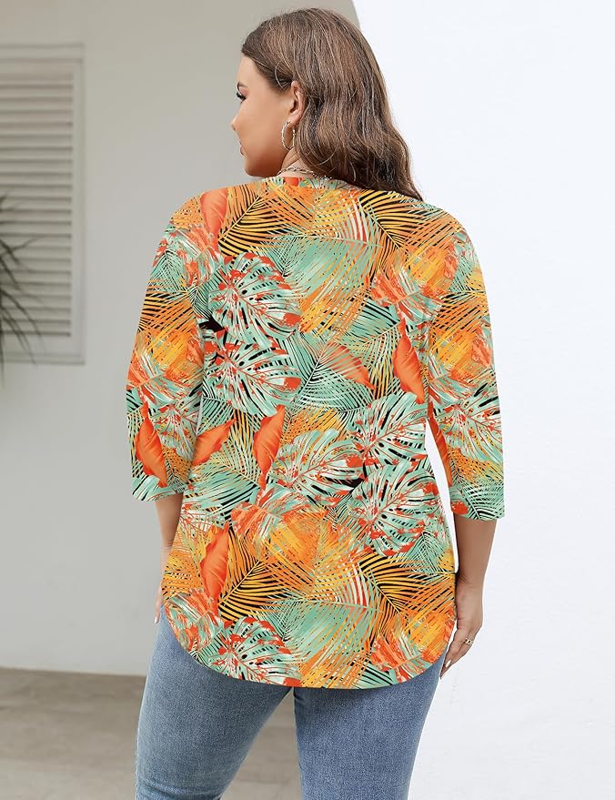 TFSDOD Womens Plus Size Tops V Neck T Shirts 3/4 Sleeve Blouse Summer Casual Tees XL-5X